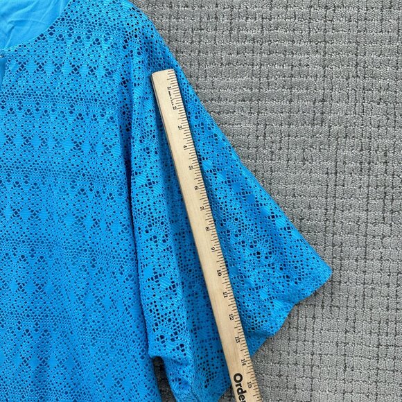 JM Collection Blouse Womnes Plus Size 2X Blue Pullover Short Sleeve Perforated - Picture 6 of 9